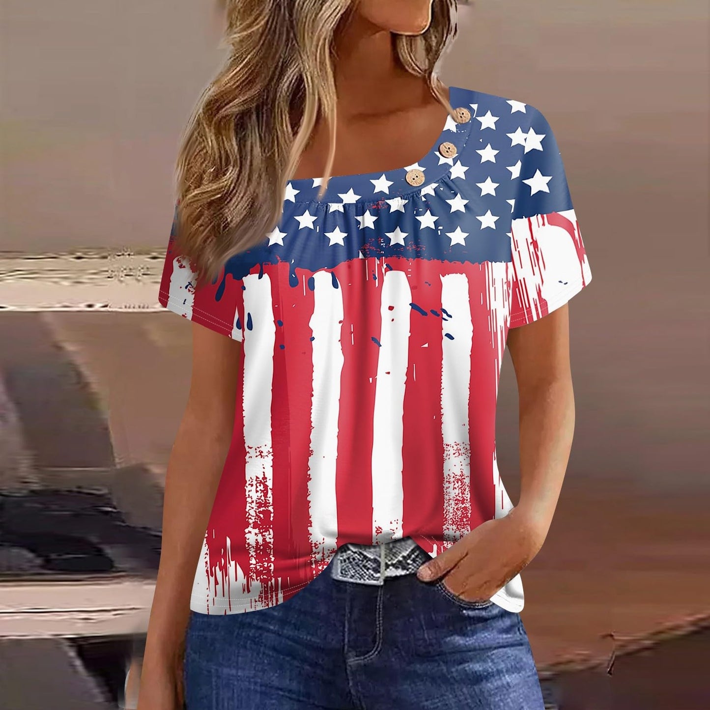 Beautiful Summer Short Sleeve Tops Womans Office Plus Size Crewneck Lightweight Shirt Polyester Button American Flag Fit Tops for Women Wine