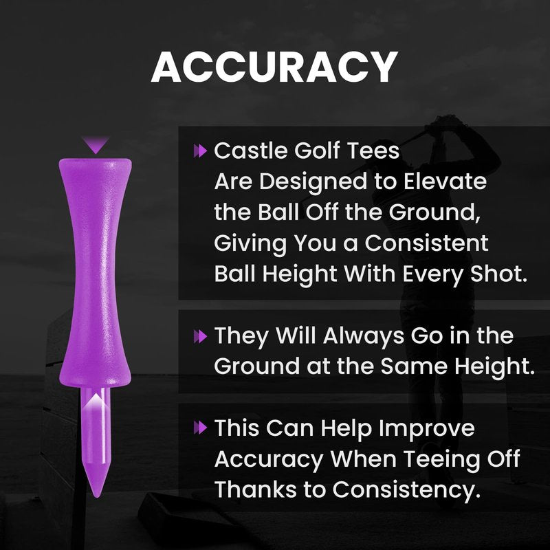 Amy Sport Golf Castle Tees Plastic Consistent Height 2 1/4 Inch Value 100 Pack, Unbreakable Step Down Reusable Tee for Par 3 Holes Practice in Orange Pink Purple (Purple)
