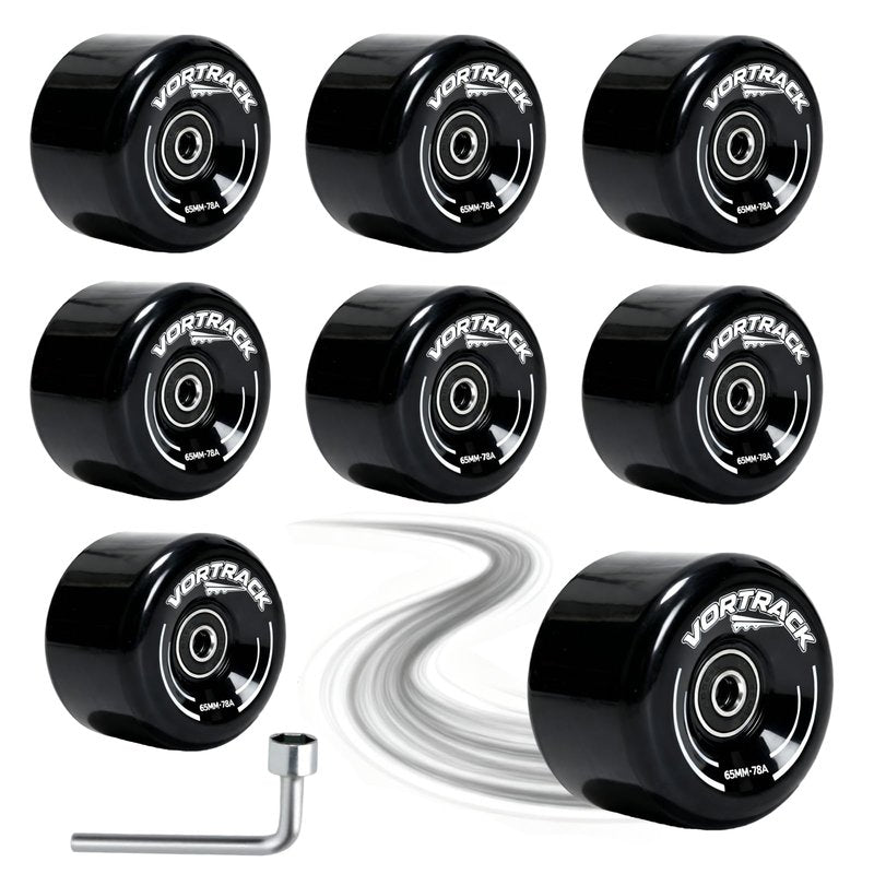 VORTRACK 78A Quad Roller Skate Wheels 8 Pack 65x36mm with ABEC-9 Bearings Installed - Smooth Quiet Urethane Wheels for Indoor Outdoor Double Row Roller Skating, Replacement Accessories (Black)