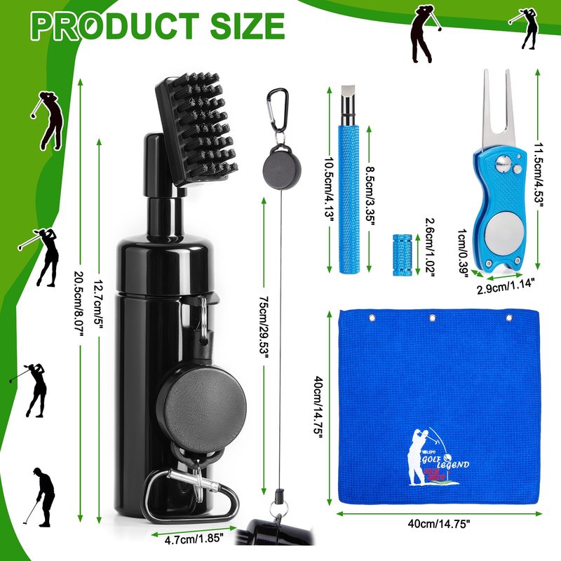 welspo Golf Club Cleaner with Water-Retractable Clip Holds 5oz of Water, Golf Towel, Essentials Golf Accessories Kit with Golf Groove Sharpener Tool, Divot Repair Tool with Ball Marker for Men/Women
