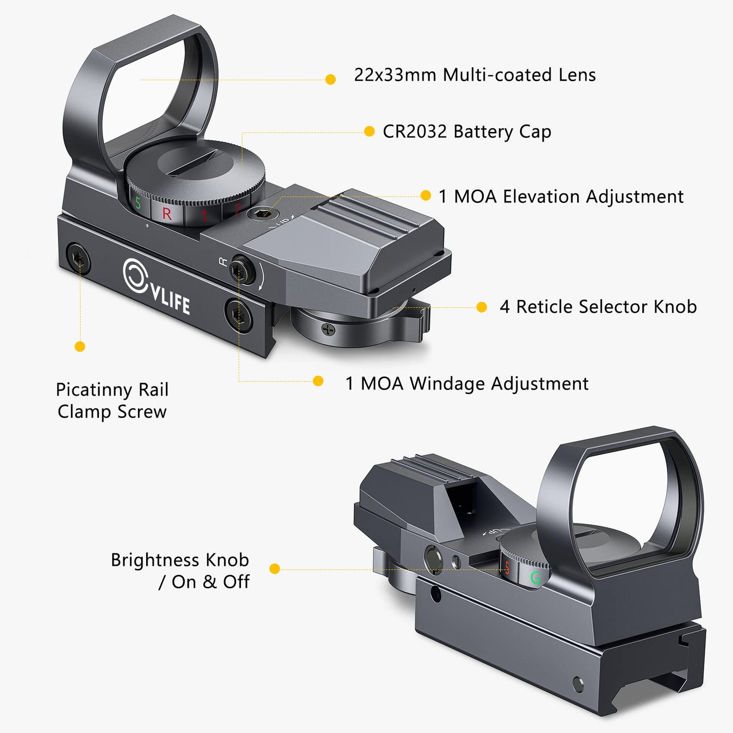CVLIFE Reflex Sight, 1x22x33mm Red Green Dot Sight with 4 Adjustable Reticles for 20mm Picatinny Rail, Silver
