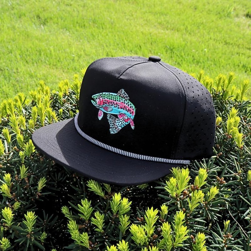Gritty Bull Trout Hat for Men - Dri-Fit Snapback Fishing Cap with Embroidered Rainbow Trout - Adjustable and Breathable Outdoor Mesh Back Trucker Hat (US, Alpha, One Size, Black)