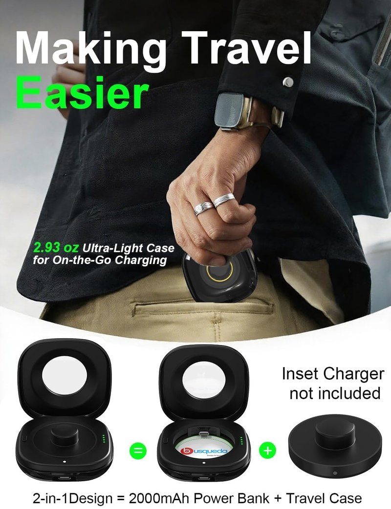 Wireless Charging Case for Oura Ring 3 Charger, 2000mAh Portable Travel Charging Station Fits All-Sized Ring Gen 3, 30-Day Runtime (Official Charger NOT Included),Black