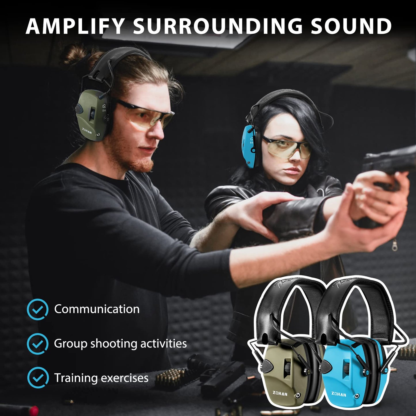 ZOHAN EM054 Electronic Shooting Ear Protection with 4X Sound Amplification 2 Pack,Slim Active Noise Reduction Earmuffs for Gun Range