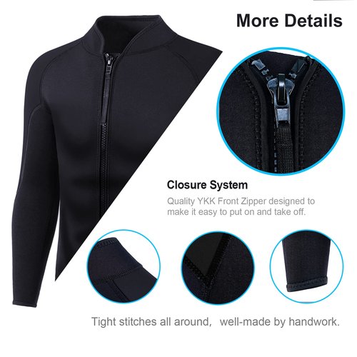 INTBOSS Wetsuit Top Men,2mm Mens Wetsuit Top 3mm Long Sleeve Wetsuit Jacket Men Front Zip Warm Wets Suit Jackets for Men Stretch Mens Wetsuit Top