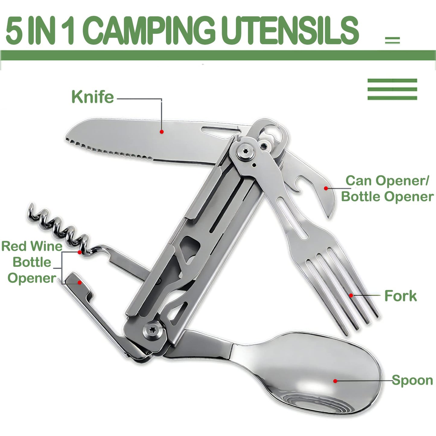 Wemomo Camping Utensils, 5 in 1 Detachable Cutlery Folding Knife, Stainless Steel Spoon, Fork, Cork Screw & Can Opener Combo Set, Compact Camping Tools for Hiking, Travel, Backpacking