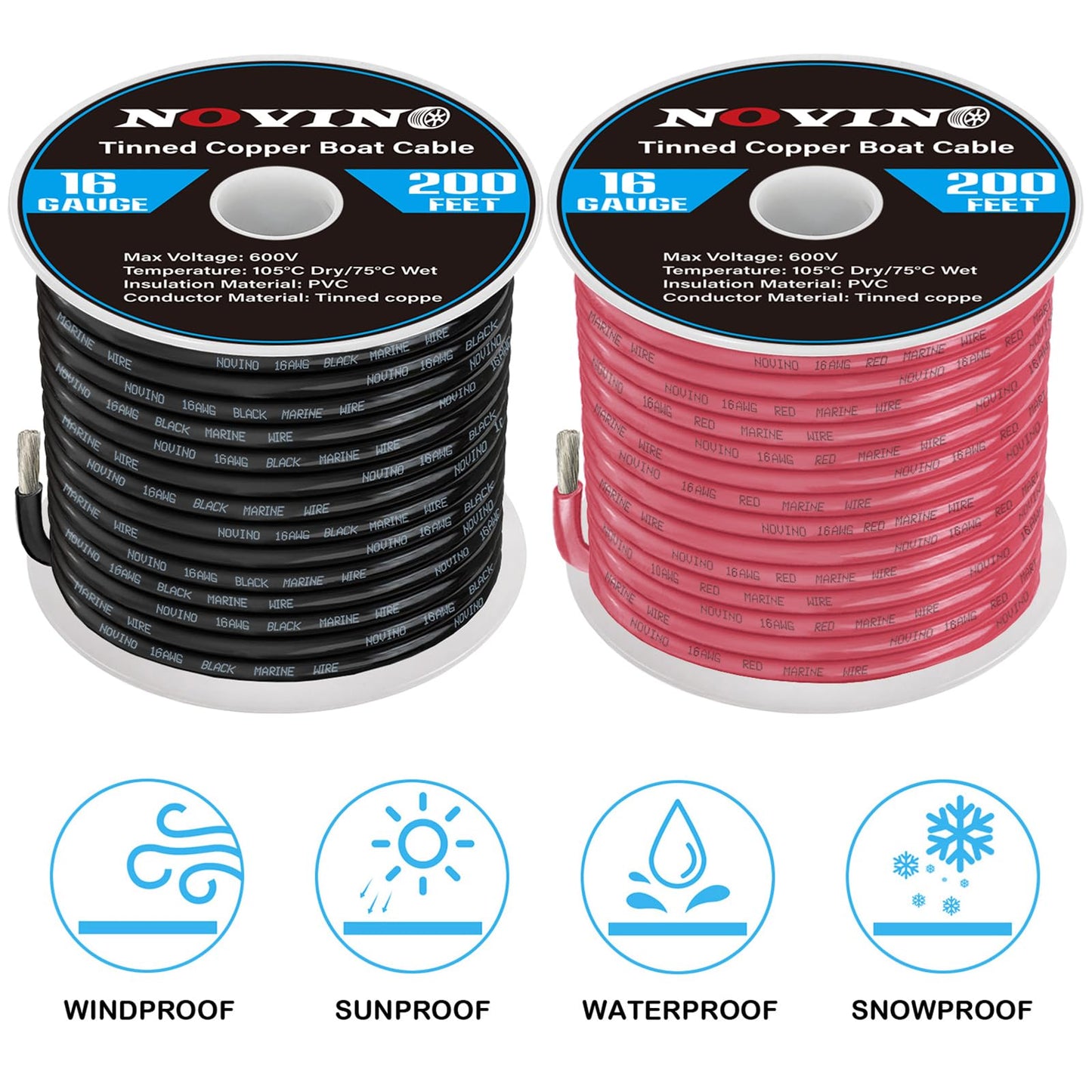 16 Gauge Marine Wire Include 16 AWG 200FT Red & 200FT Black,16 Gauge Marine Grade Wire Tinned Copper Electrical Cable for Automotive Boat Speaker Battery Lighting Solar Panel Camper Trailer