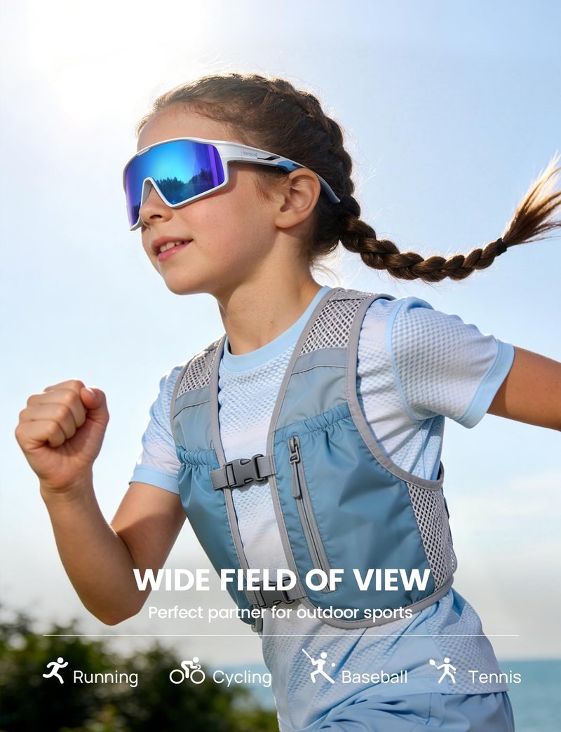 Lamicall Polarized Sport Sunglasses for Age 6-10 Kids - UV400 Protection Baseball Cycling Running Sun Glasses for Boys Girls Teens, White Blue