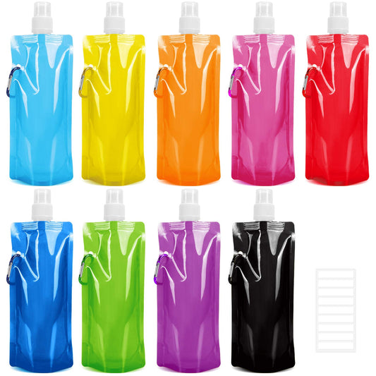 TOMNK Collapsible Water Bottle, 9pcs Reusable Canteen Foldable Drinking Water Bags with Clip for Sports, Biking, Hiking Travel, 9 Colors