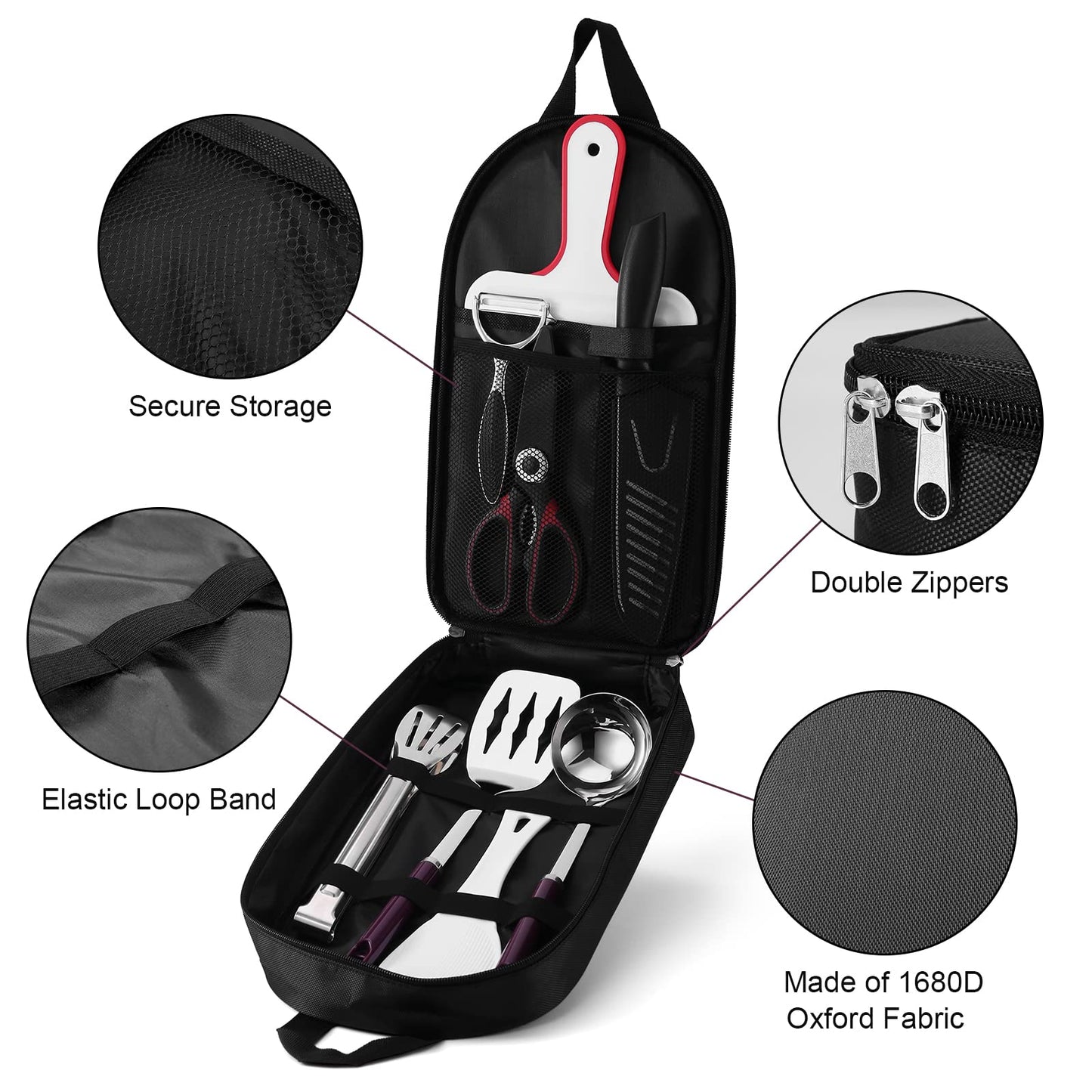 Odoland 8 Pcs Camping Cookware Utensils Travel Set, Camp Kitchen Utensil Organizer with Tongs, Scissors, Cutting Board, Rice Paddle and Water Resistant Case for Backpacking, Outdoor Camping