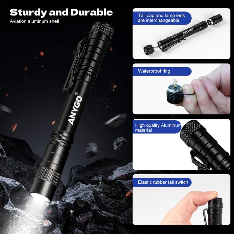 ANYGO Rechargeable Pen Light Flashlight, High Lumens Pocket Flashlight with Clip, 2 Modes Waterproof Small Flashlights, LED Mini EDC Tactical Flash Light for Inspection, Work, Repair