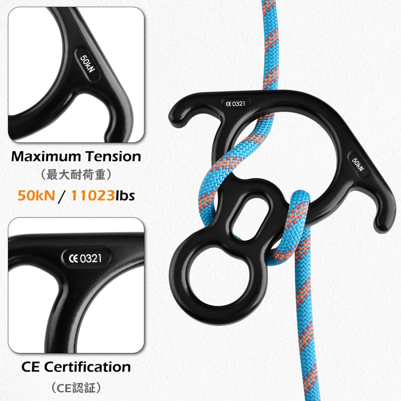 TRIWONDER 50KN Rock Climbing Figure 8 Descender Rescue Belay Device Stop Descender and Carabiner Rock Rappelling Gear (Black)