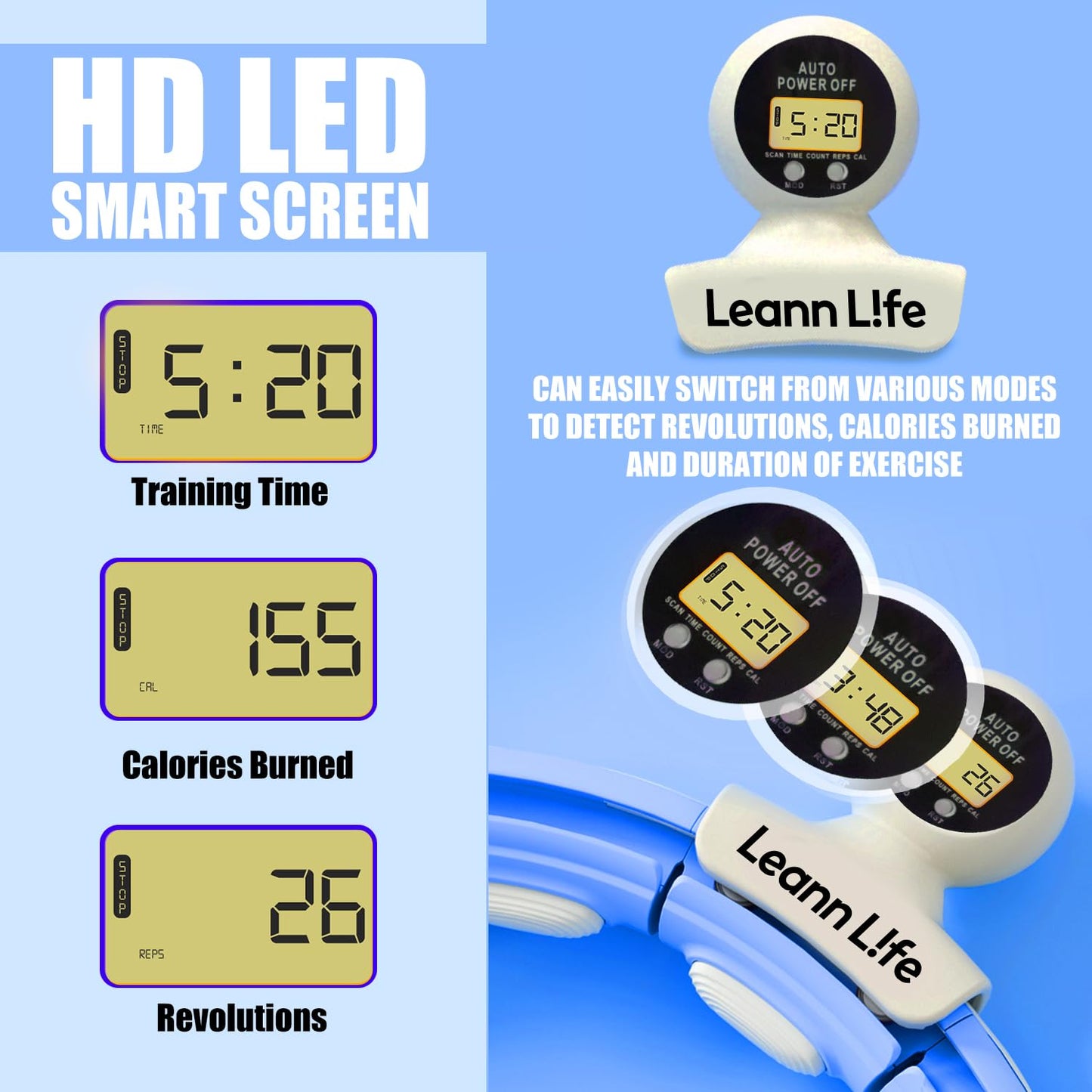 Leann L!fe U5-16 Knots 28”- 46”Counter, Waist Trimmer & Wash Bag, Upgraded Quiet Smart Weighted Hula Hoop for Adults Weight Loss, Infinity Hoop Plus Size, Fitness Exercise, Abdominal Toner, Blue