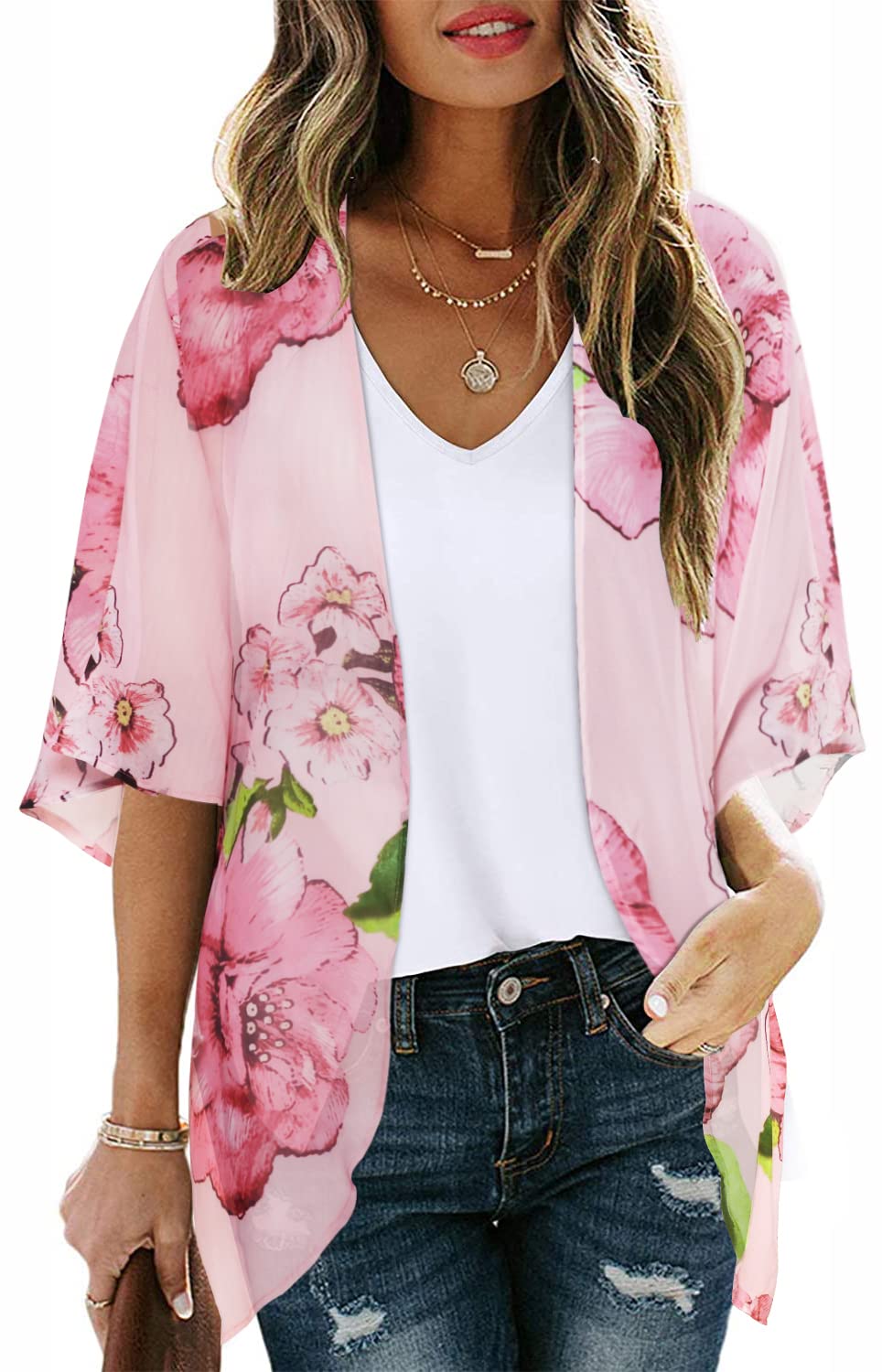 Women Summer Kimono Cardigan Sheer Beach Cover ups Chiffon Loose Casual Open Front Swimwear Shirts (Rose Pink,2XL)