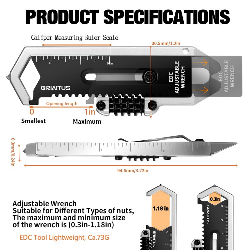 Small Multitool Wrench 9 in 1 Pocket Adjustable Wrench for Screw with Mini Pry Bar Nail Puller Keychain Tool Caliper Measuring Ruler Glass Breaker EDC Gadget Survival Gear for Men Cycling Hiking