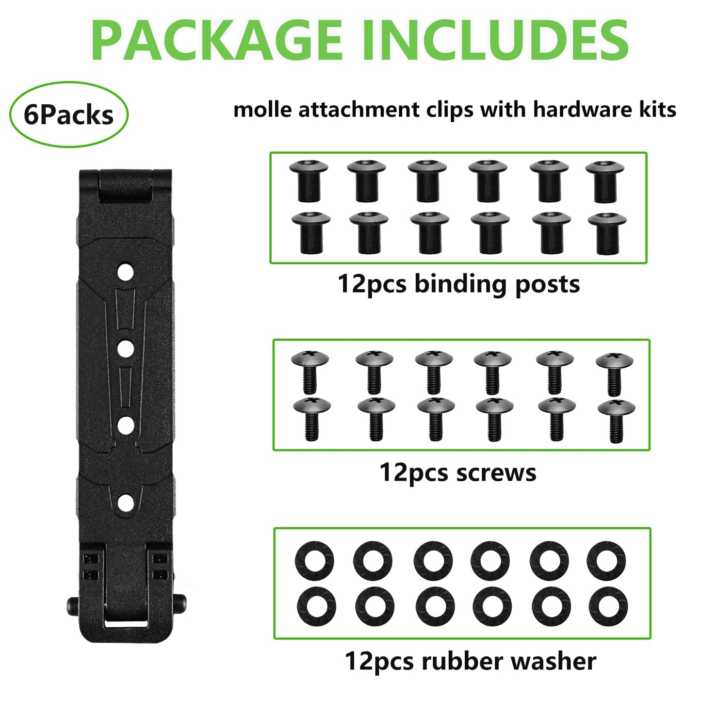 PQEUGOA Molle Attachment with Mounting Hardwares, 3" Molle Clips for Vests, Backpacks, Pouches, and Molle Belt (A-Black 6pcs)