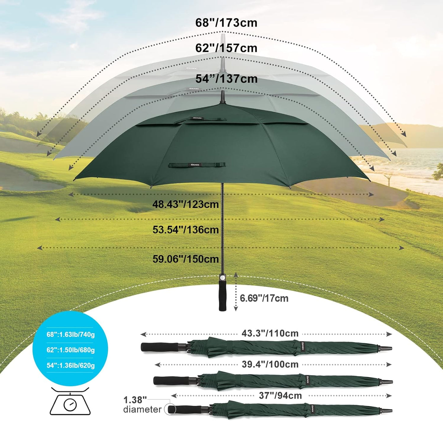 Extra Large Golf Umbrella - Automatic Open, Windproof Double Canopy | 54-80 Inch, UV Protection, Multiple Colors