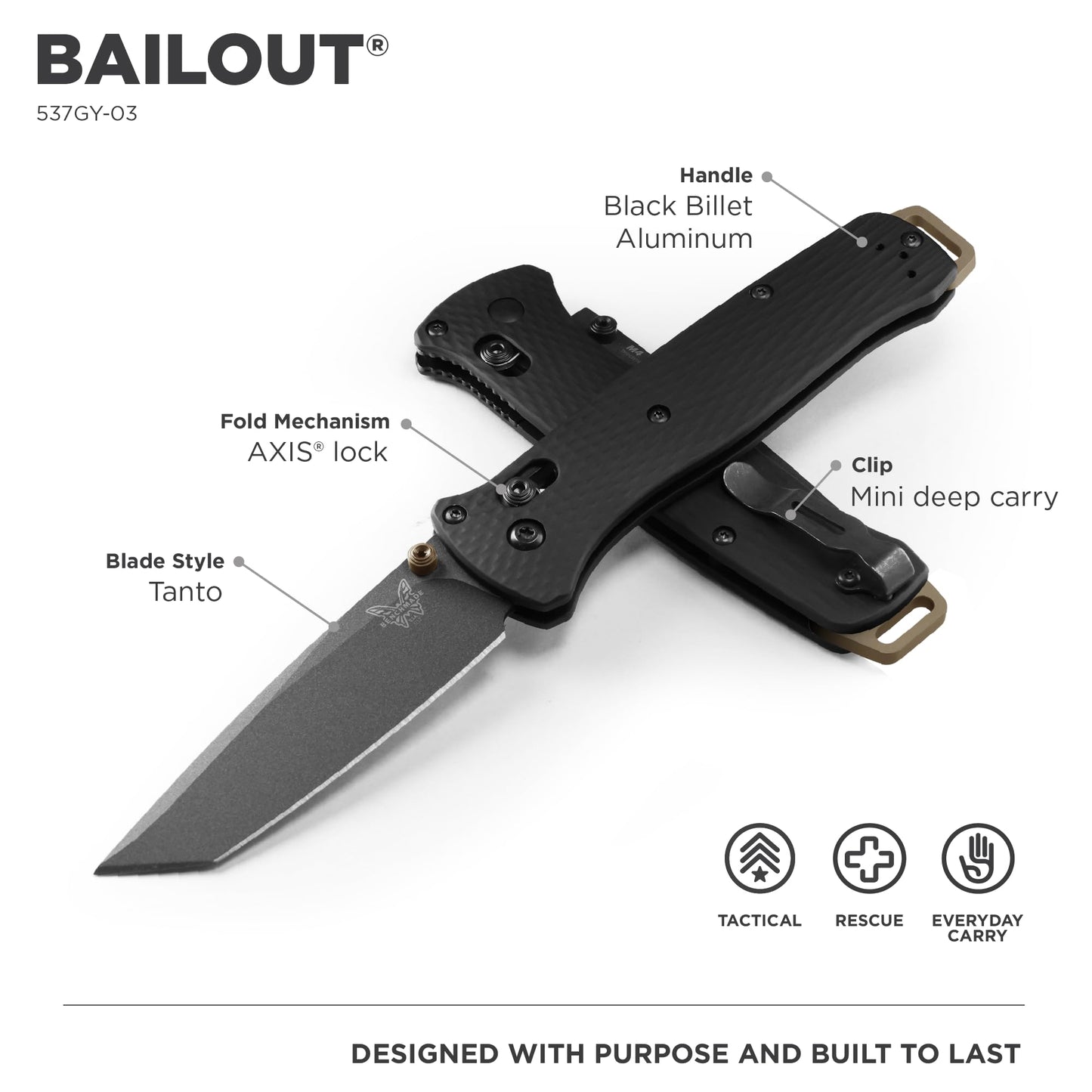 Benchmade - Bailout 537 Tactical Knife with Black Aluminum Handle (537GY-03)