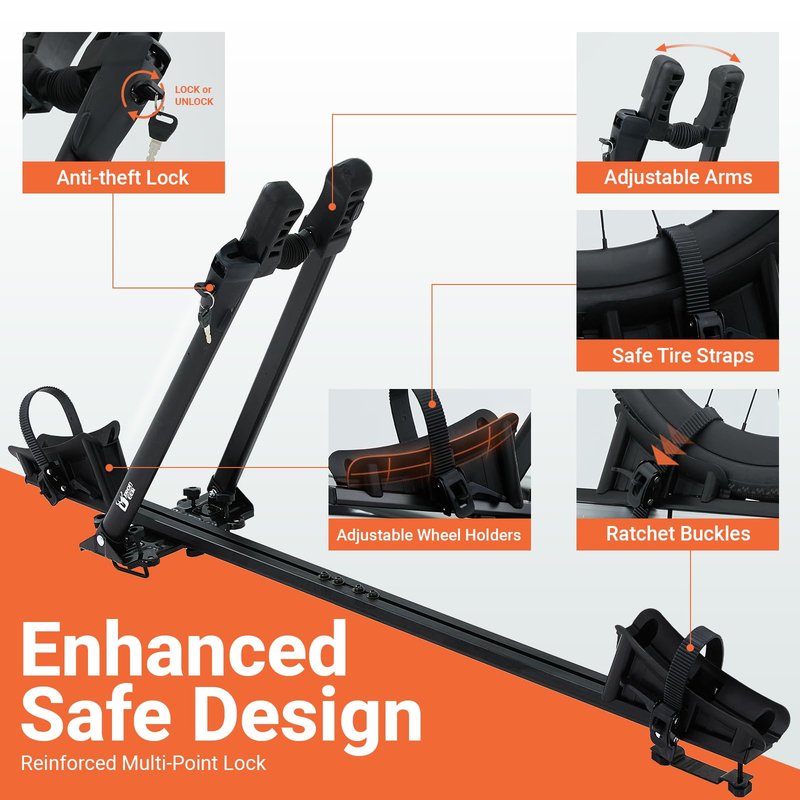 Rider Pro Roof Bike Rack, Foldable Aluminum Upright Bicycle Rack with Anti-Theft Lock for Cars SUVs, Adjustable Roof Mount Bike Carrier 32 lbs Capacity Fits 20''-27'' Bikes Max Tire Width 2.3"