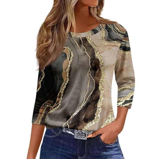 Generic Summer Workout Tops for Women 3/4 Length Sleeve Casual Cosy Print Trendy Blouse Crewneck Three Quarter Sleeve Casual T-Shirts, Large, 06-khaki