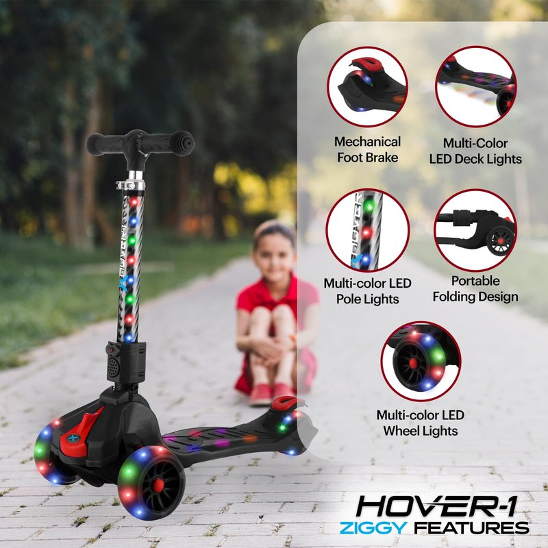 Hover-1 Ziggy Folding Kick Scooter for Kids (5+ Year Old) | Features Lean-to-Turn Axle, Solid PU Tires & Slim-Design, 110 LB Max Load Capacity, Safe, Black