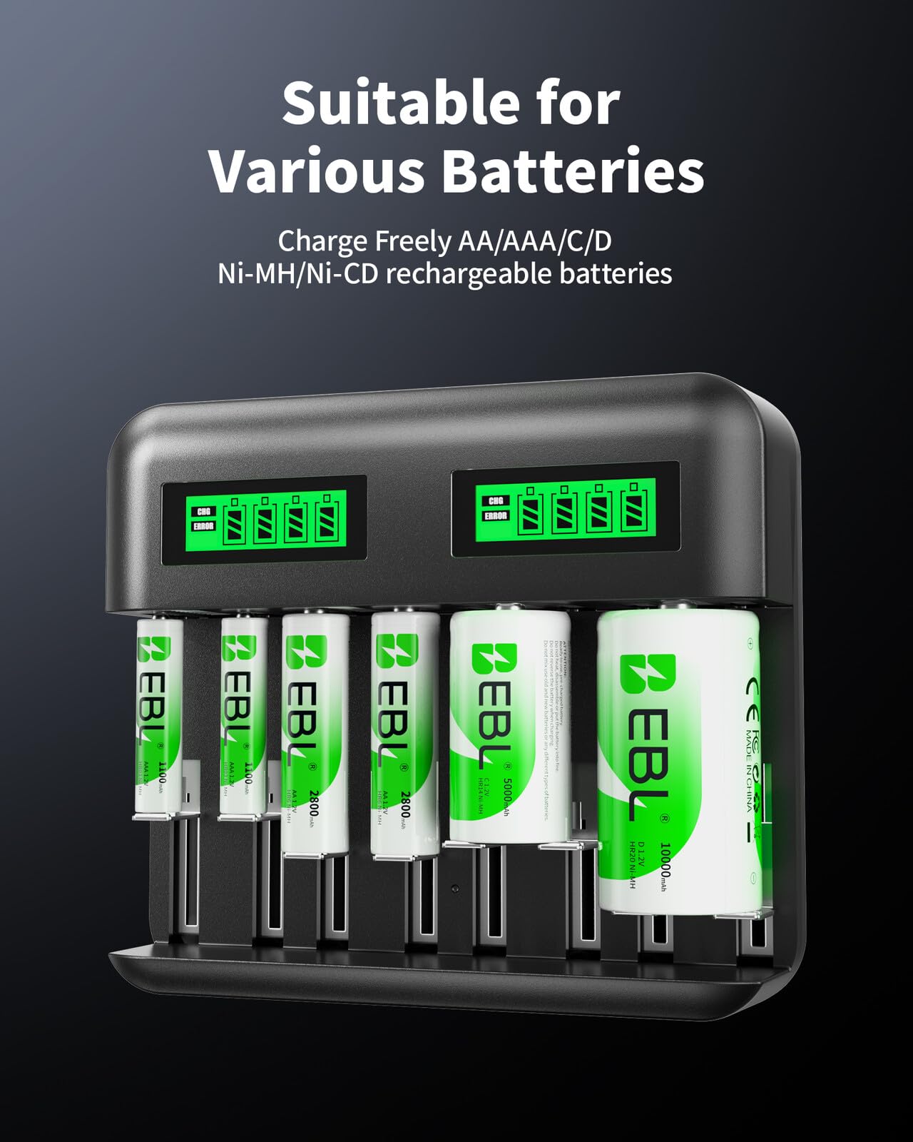 EBL LCD 8 Bay Battery Charger, AA AAA C D Rechargeable Battery Charger for Rechargeable Batteries Ni-MH AA AAA C D Batteries with Type C Input