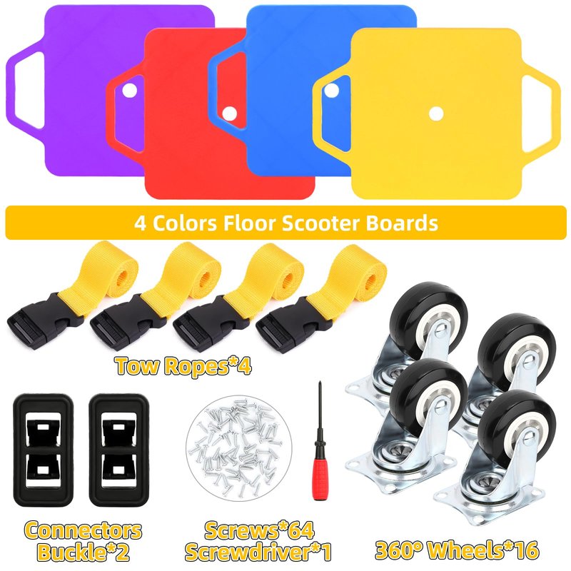 4 Pack Sports Scooter Board with Handles, Floor Sitting Scooter Board with Non-Marring Plastic Casters for Kids Gym Indoor Outdoor Play, 12 Inches