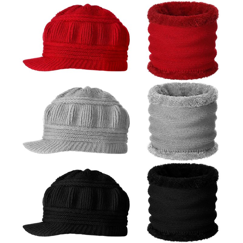 6 Pcs/3 Set Winter Hats with Brim for Women Neck Warmer Set Knit Beanie Hat Soft Warm Neck Scarf Stylish Skull Cap for Women(Red, Gray, Black)