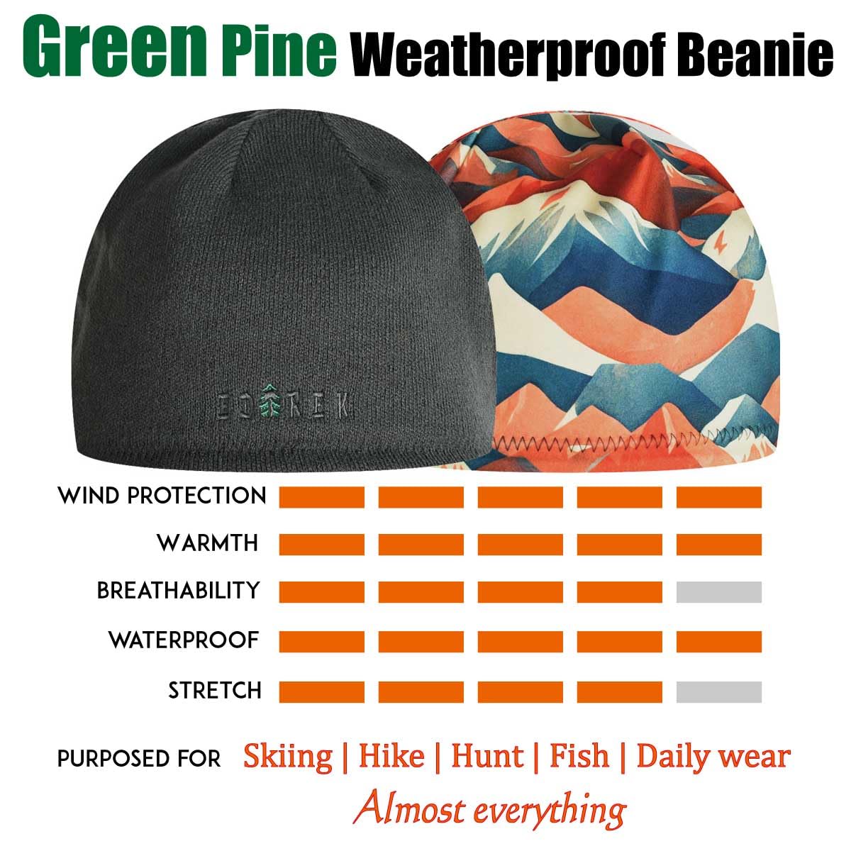 EDTREK Weatherproof Winter Beanie - Waterproof and Windproof Reversible Beanie - Backcountry Hiking Skull Hat (Grey with Wild Mountain, X-Large)