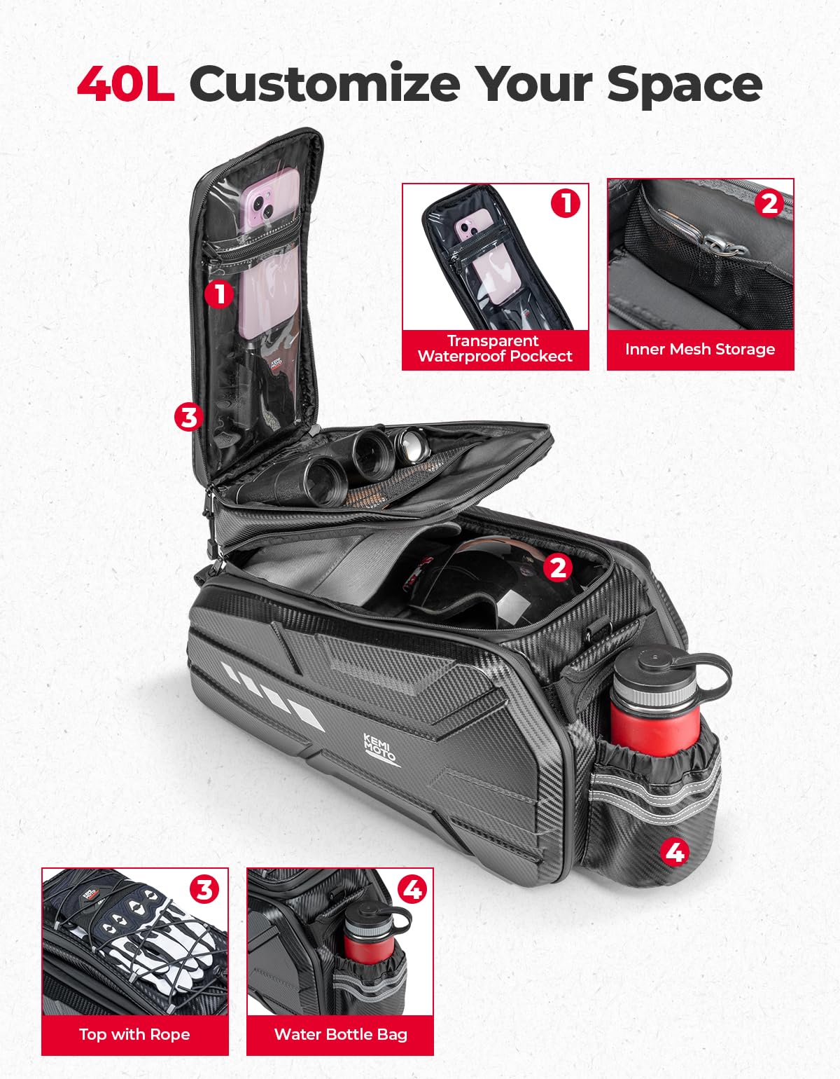 KEMIMOTO Bike Rear Bag, 11L/20L/40L EVA Hard Shell with Waterproof Cover, Bicycle Trunk with Shoulder Strap for Commuter Travel Outdoor