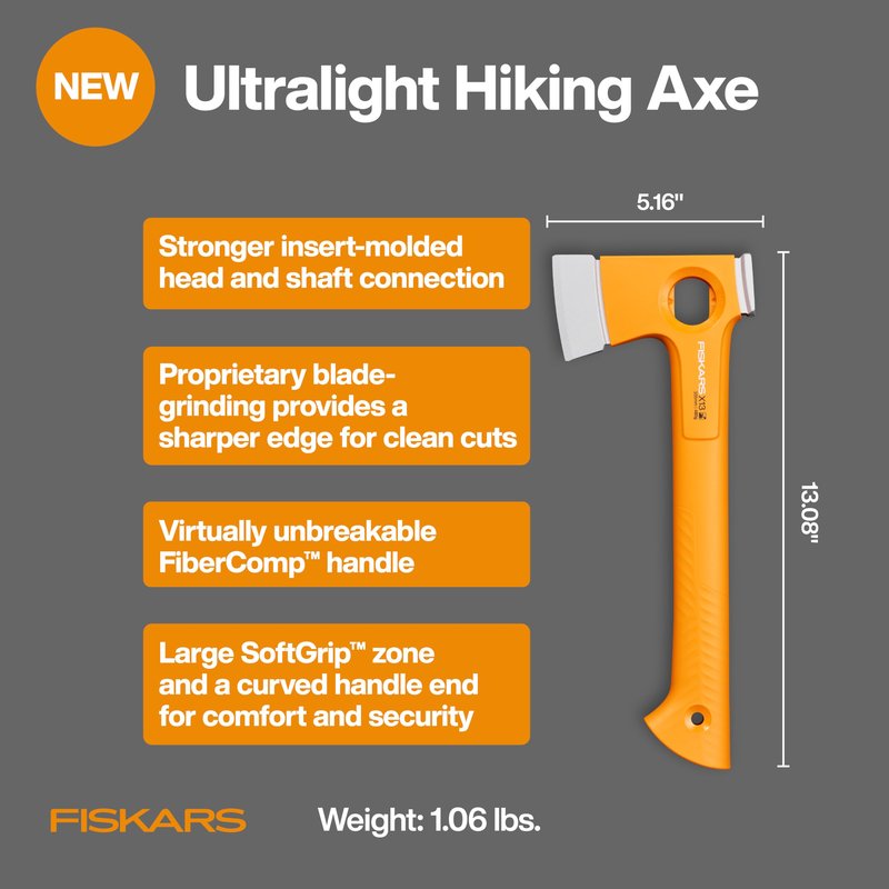 Fiskars X13 Ultralight Hiking Axe 13", Ultra-Sharp Forged Steel Blade for Efficient Chopping & Camping, 15% Lighter High-Visibility Orange FiberComp Handle Drives Tent Stakes, Sheath Included