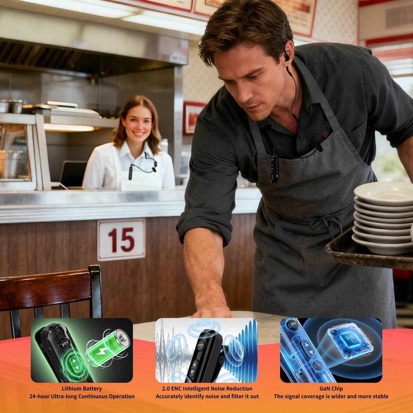 Super Mini Walkie Talkies Pro Two Way Radio with Earpieces, Rechargeable Portable Communication Set for Restaurants, Hotels, Supermarkets, Team Events, Baseball, 2 Pack
