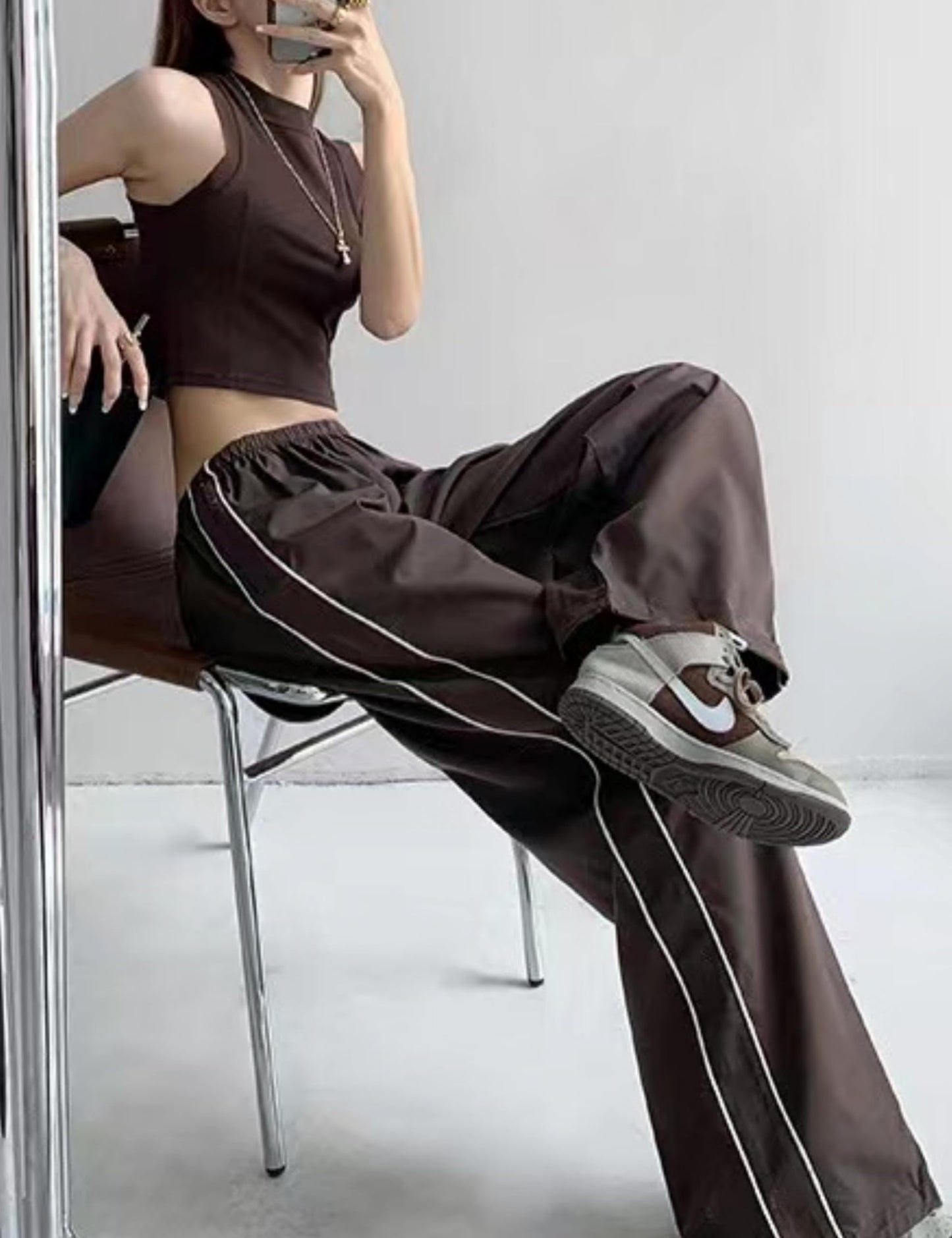 Shebote Womens Parachute Pants Wide Leg Baggy Y2K Elastic Waist Jogger Sweatpants Track Pants Streetwear(0046-Coffee-M)