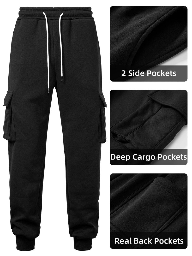 PIDO YOGA Men's Cargo Sweatpants Fleece Casual Jogging Hiking Pants Baggy Sweat Pants for Men Running Athletic Workout with Pockets,Black