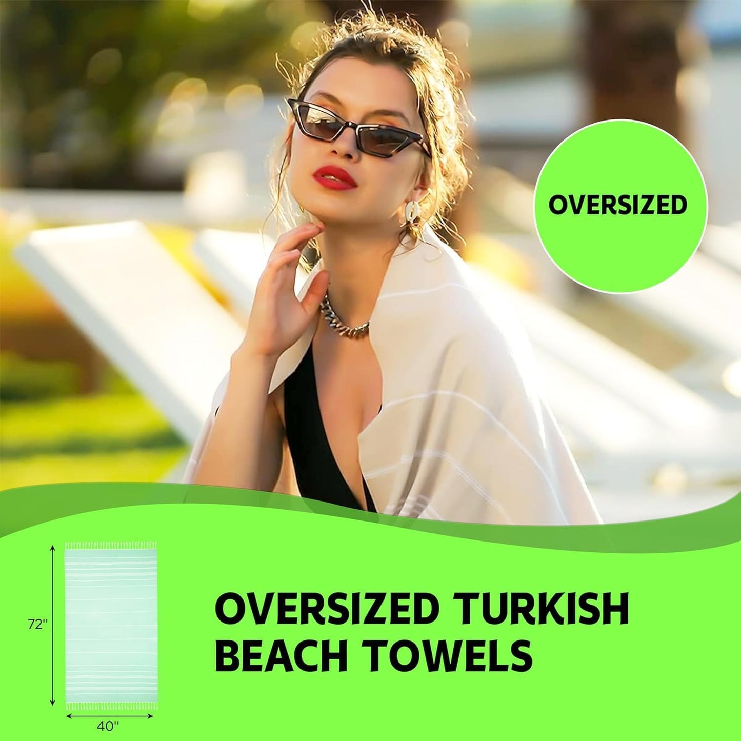 Turkish Beach Towels Set of 6 - Authentic Hamam Peshtemal, 100% Cotton, Oversized 72"x40" | Quick-Dry, Lightweight, Sand Free - Aquamarine