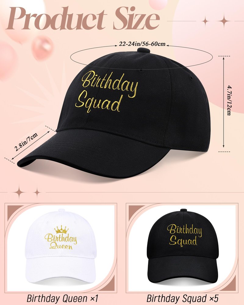 Jecery 6 Pcs Birthday Squad Hats Cap for Women Men, Birthday Queen Squad Party Baseball Cap Adjustable for Party Favor (Black,White)