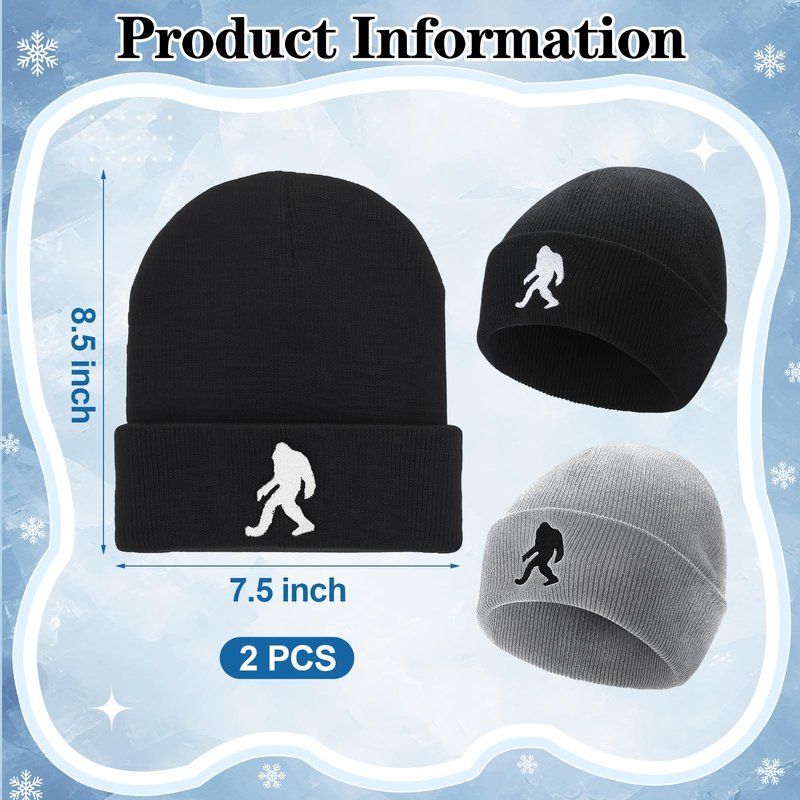 Chicingyou 2 Pack Sasquatch Beanie for Men Sasquatch Knit Hat for Women Winter Warm Cuffed Skull Cap Christmas and New Year Gifts for Dad Husband Grandpa