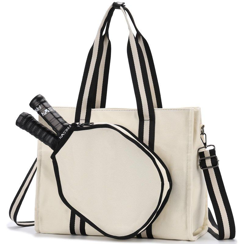 VASCHY Pickleball Tote Bags For Women With Fence Hook, Canvas Pickleball Paddle Holder Case Work/Gym/Sports Tote for 2 Rackets Beige