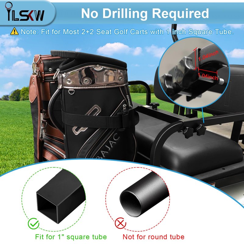 iLSKW Golf Cart Bag Holder Attachment for 2+2 Seater Rear Seat with 1 inch Sqaure Tube, No Drilling Golf Cart Bag Attachment for EZGO, Club Car, Yamaha Golf Carts, Black