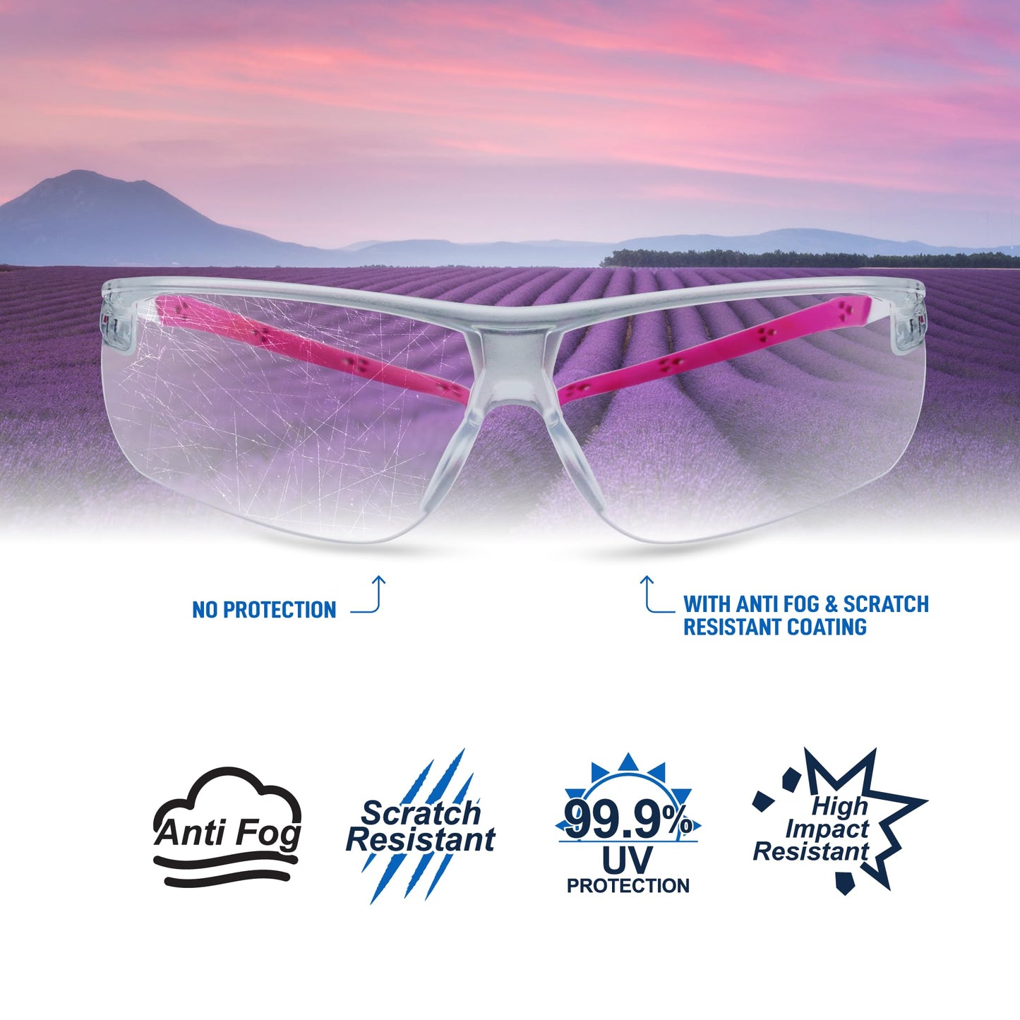 GE Safety Glasses - Scratch-Resistant Durability, Clear Protective Lenses, UV Shielding, Eye Protection, Outdoor, Indoor, Labs & Construction Safety Work Glasses for Men and Women - White/Pink