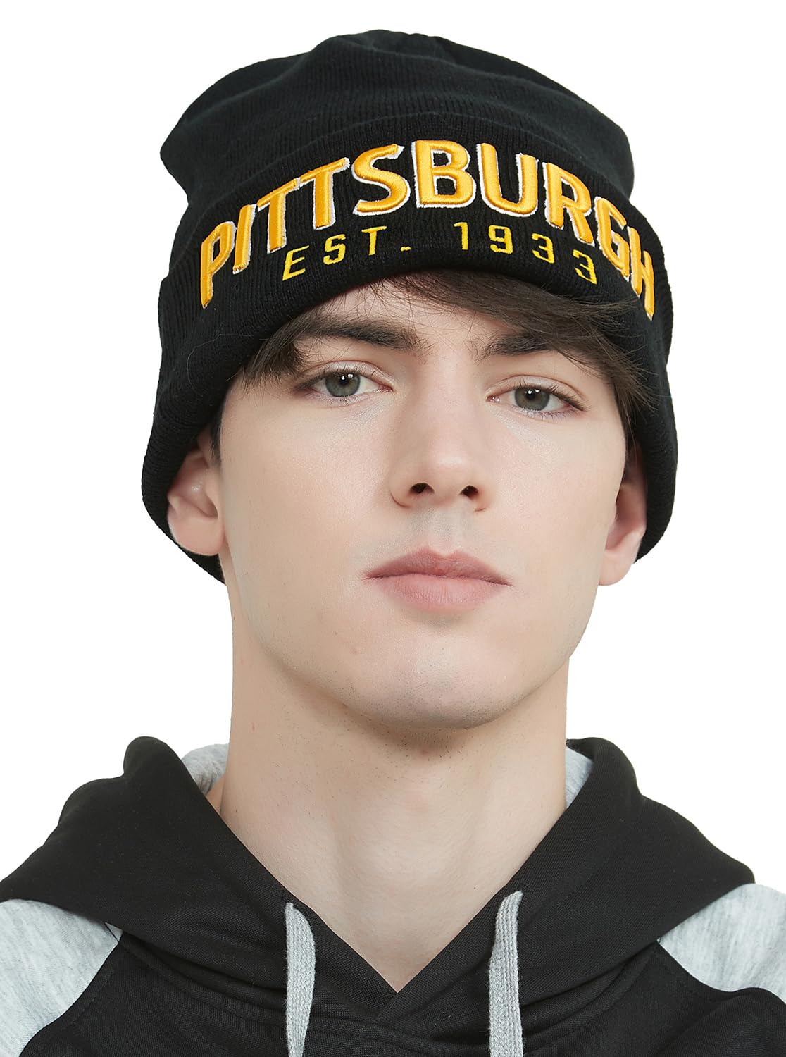 CLORPEAK Pittsburgh Embroidery Classic Cuff Beanie Hat Cuffed Winter Hat Knit Toque Skull Cap - Black OneSize