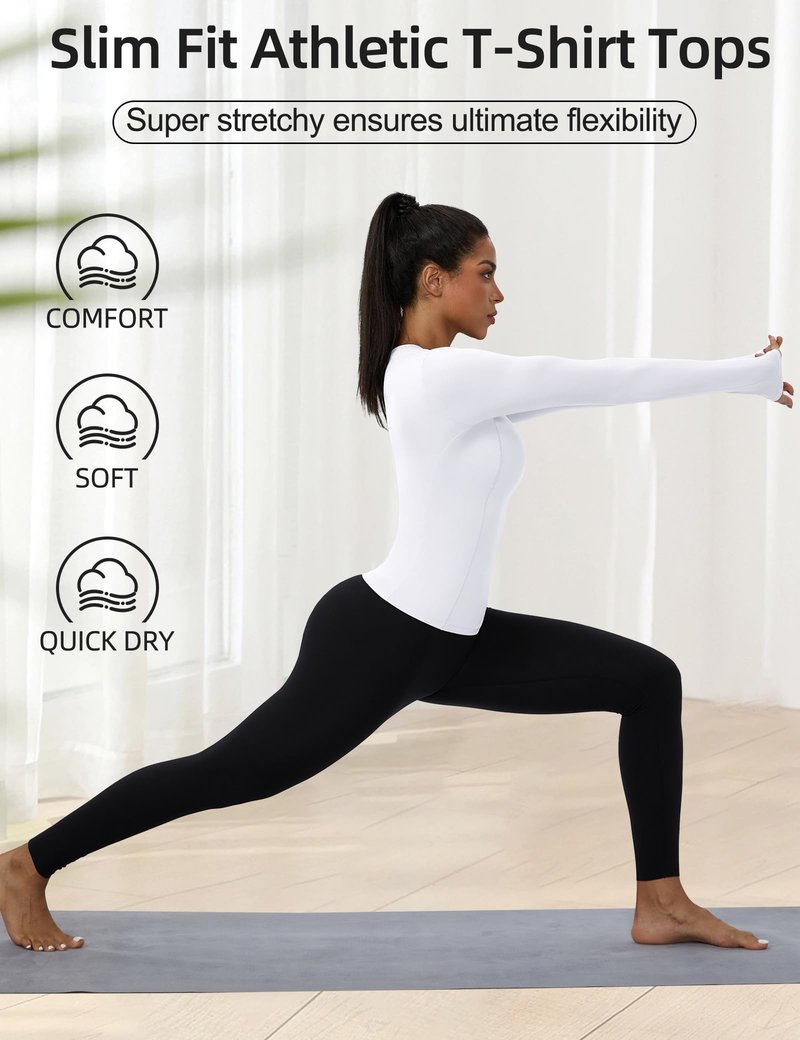 SPVISE White Long Sleeve Compression Shirt Women Workout Tops Quick Dry Athletic Base Layer Undershirts for Gym Yoga Running