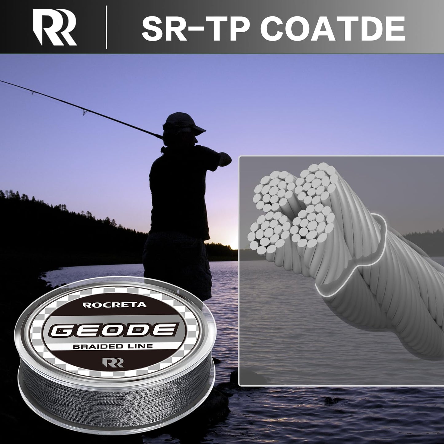 ROCRETA Geode Braided Fishing Line, Super Strong Power Braid Lines for Saltwater and Freshwater Fish 50lb, 500yds，Gray