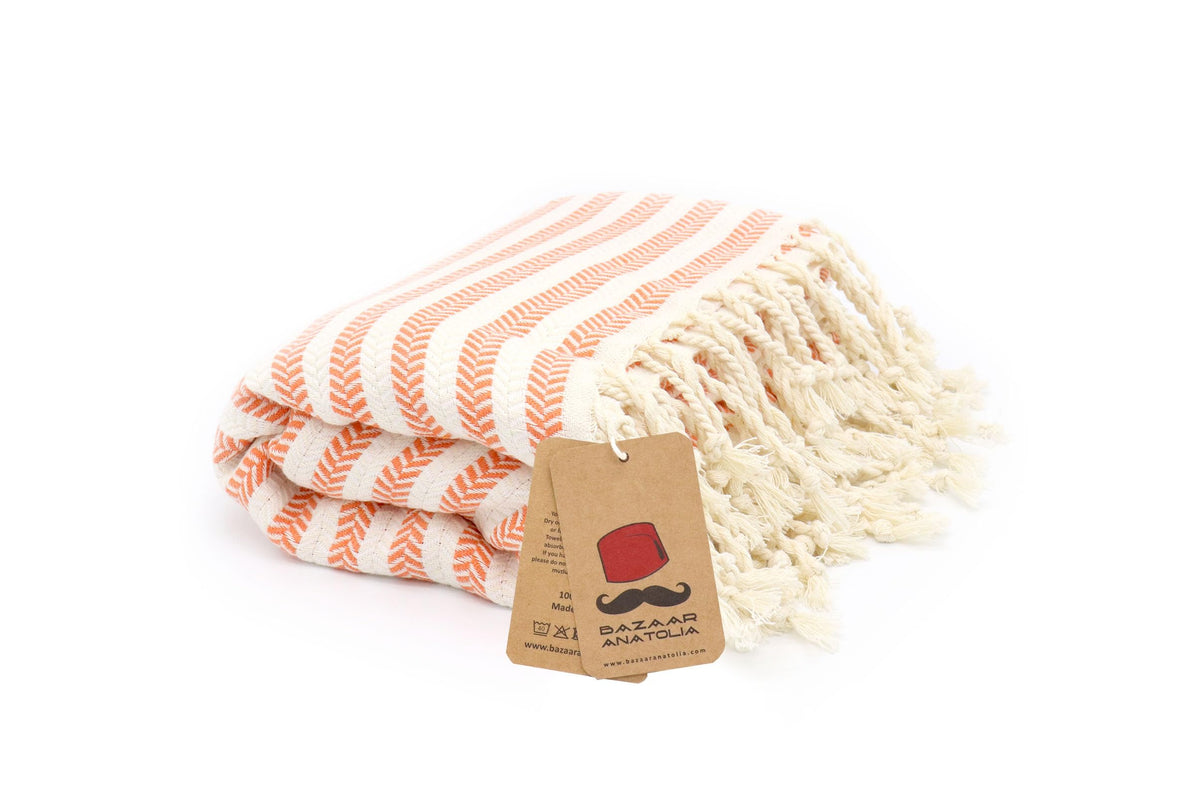 Bazaar Anatolia Turkish Beach Towel – 100% Cotton, Quick Dry, Sand Free Fall Decor Towel for Bathroom and Camping – Oversized 71x39 Inches – Arpa Orange