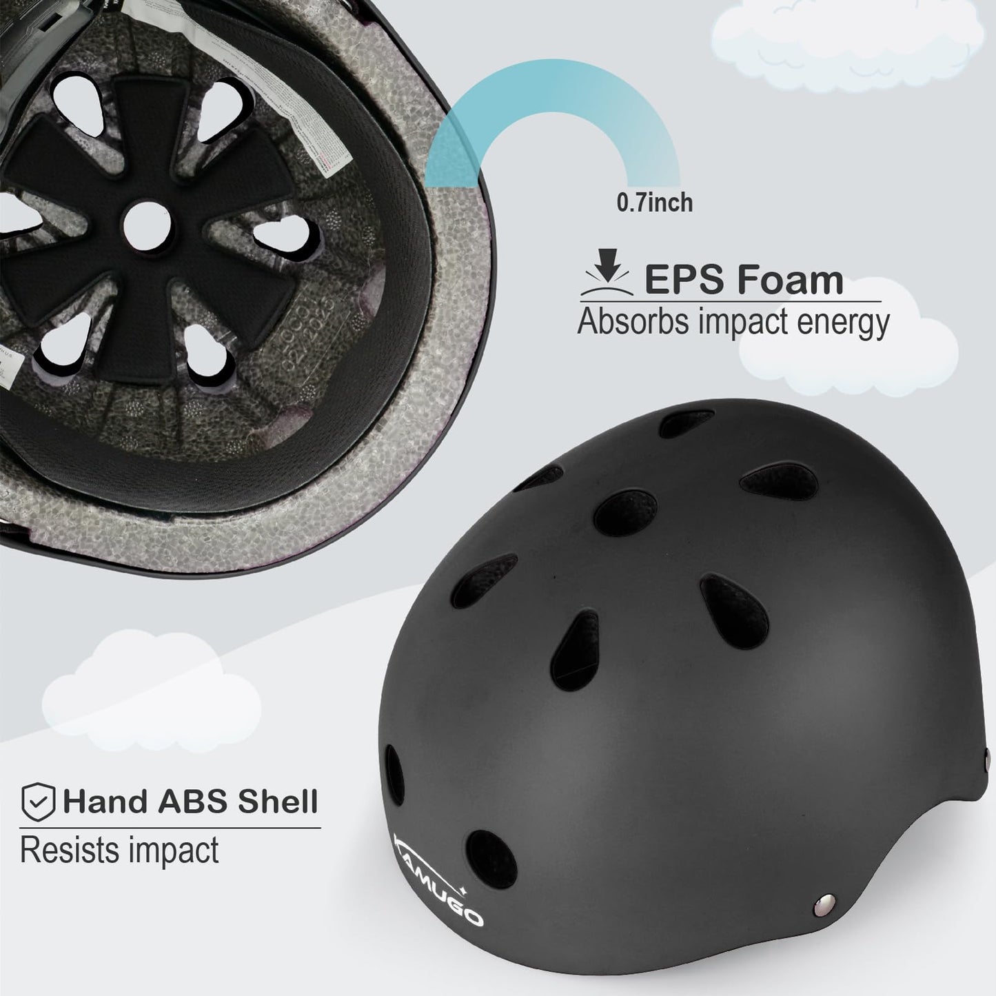 KAMUGO Kids Bike Helmet, Toddler Helmet for Ages 2-8 Boys Girls with Sports Protective Gear Set Knee Elbow Wrist Pads for Skateboard Cycling Scooter Rollerblading (Black)