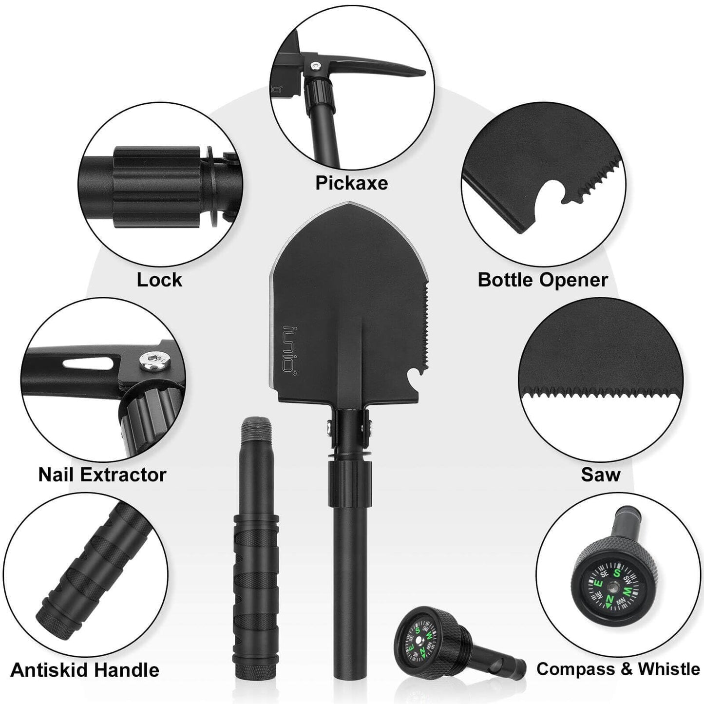 iunio Folding Survival Shovel, Camping Shovel w/Pick, Military Style Entrenching Tool, Multitool, Foldable Collapsible Spade, for Camping, Backpacking, Gardening, Snow, Trenching, Hiking,Car Emergency