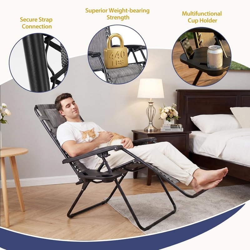 Zero Gravity Chairs - Set of 2 Portable Recliner Beach Lounge Chairs with Cup Holder & Adjustable Pillow | Grey