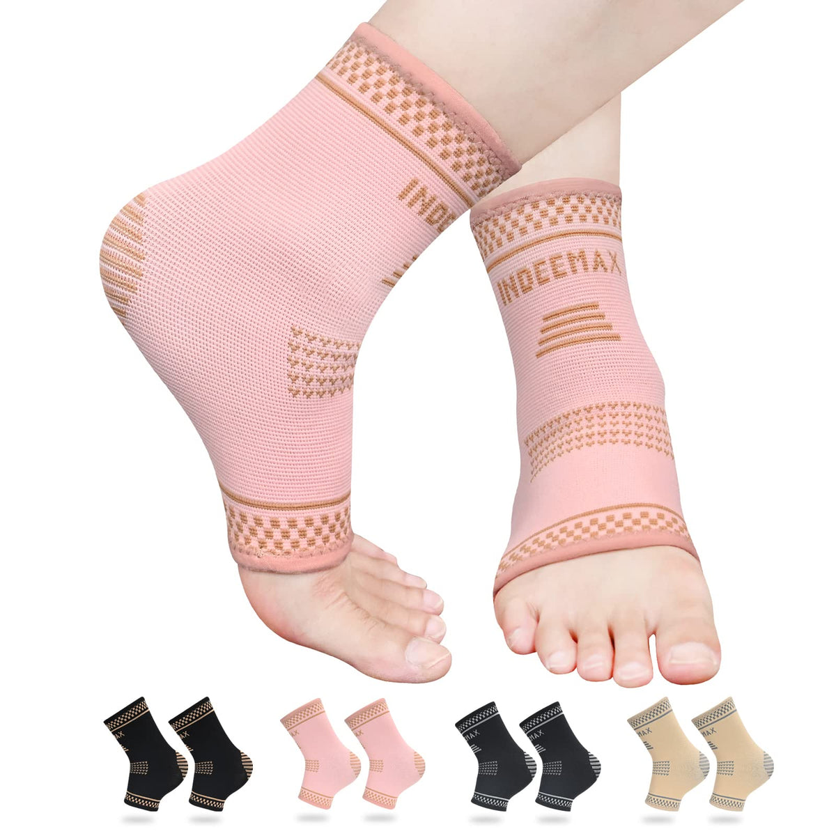 INDEEMAX Copper Ankle Brace for Women Men, Left and Right Foot Compression Support Sleeve Ankle Wrap Socks for Plantar Fasciitis, Sprained, Football, Running (Golden Pink, Medium)