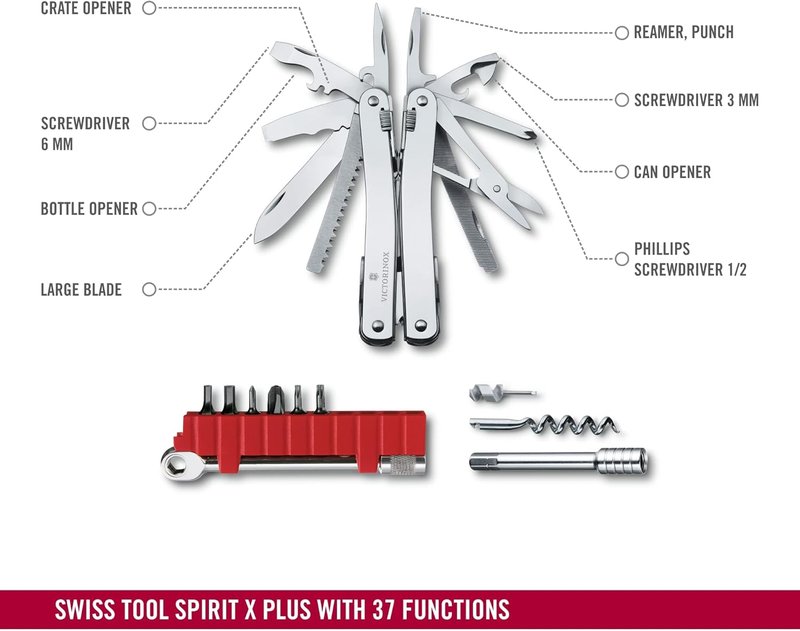Victorinox Swiss Tool Spirit X Plus | 36-Function Swiss Army Multi-Tool with Needle-Nose Pliers & Leather Pouch - Silver