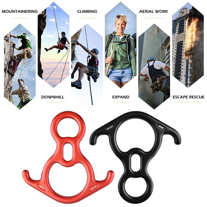 TRIWONDER 50KN Rock Climbing Figure 8 Descender Rescue Belay Device Stop Descender and Carabiner Rock Rappelling Gear (Black)